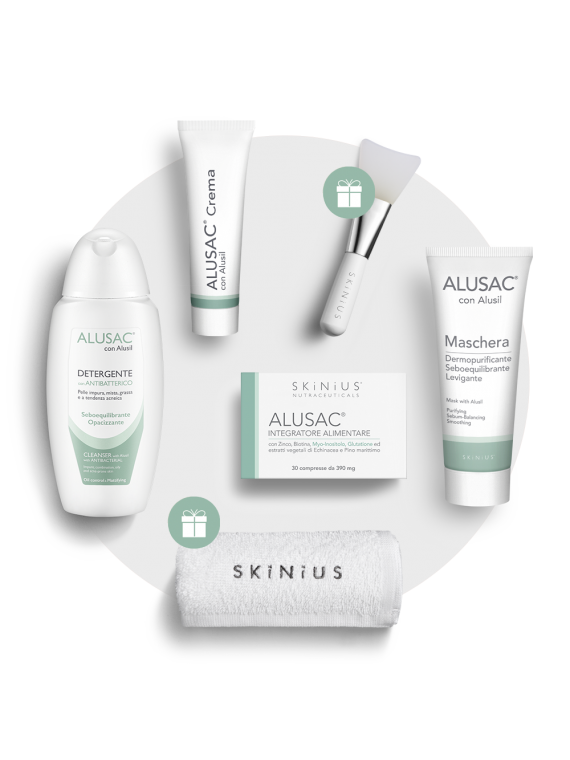 Alusac Complete kit unisce un trattamento IN&OUT contro pelle mista, grassa e a tendenza acneica.