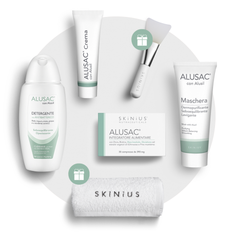 Alusac Complete kit unisce un trattamento IN&OUT contro pelle mista, grassa e a tendenza acneica.